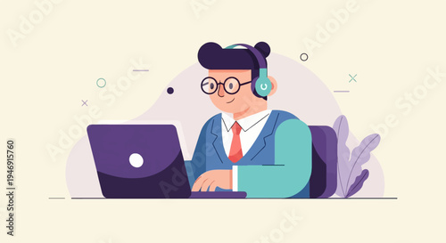 Cartoon character in business attire wearing headphones and using a laptop