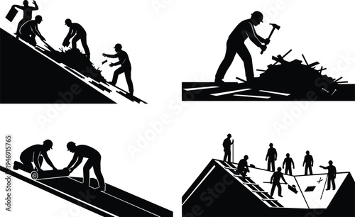 Roofing construction icons set with workers repairing roof and installing shingles cad drawing flat vector illustration for home improvement service.