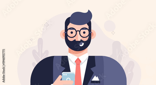 Stylized man in suit with glasses and beard holding a smartphone