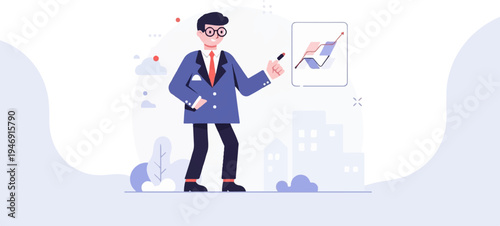 Man in suit pointing to a rising business graph on a whiteboard