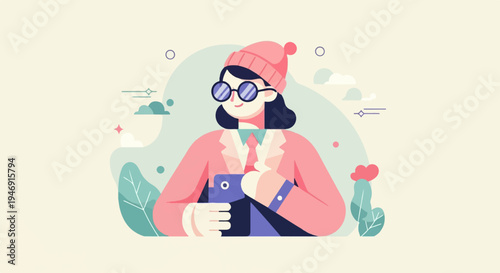 Modern illustration of a person in pink jacket holding device with abstract background