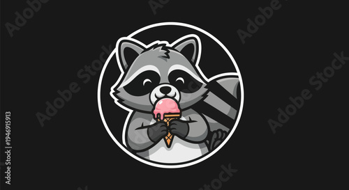 Cartoon raccoon enjoying ice cream cone