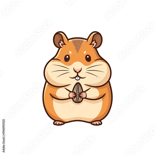 A cute cartoon hamster holding a sunflower seed in its paws, with a white background.