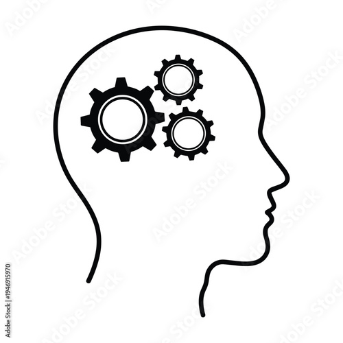 Black line drawing of a human head with gears inside vector