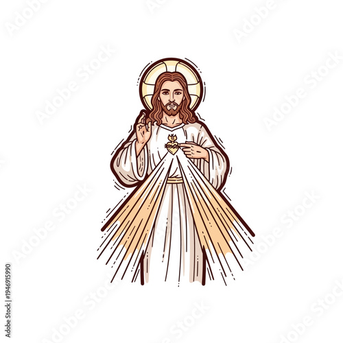 Illustration of Jesus Christ with a divine light emanating from his chest and hands, blessing the viewer.