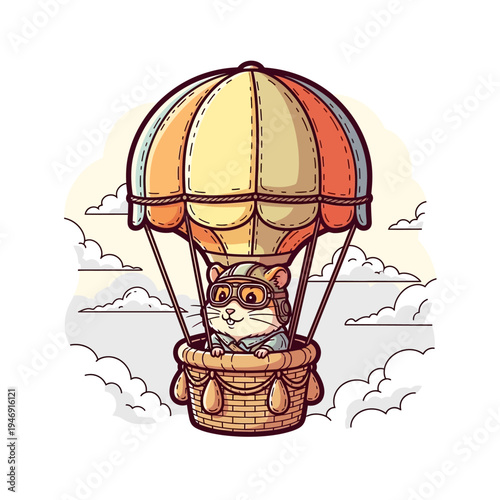 A cute hamster wearing aviator goggles and a helmet rides in a hot air balloon basket, soaring through the clouds.