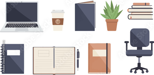 Office essentials laptop, coffee, books, plant, chair, and notebooks