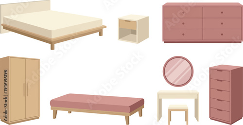 Modern bedroom furniture items with platform bed dresser wardrobe vanity desk wall mirror in cream light ash dusty rose for bedroom interior design