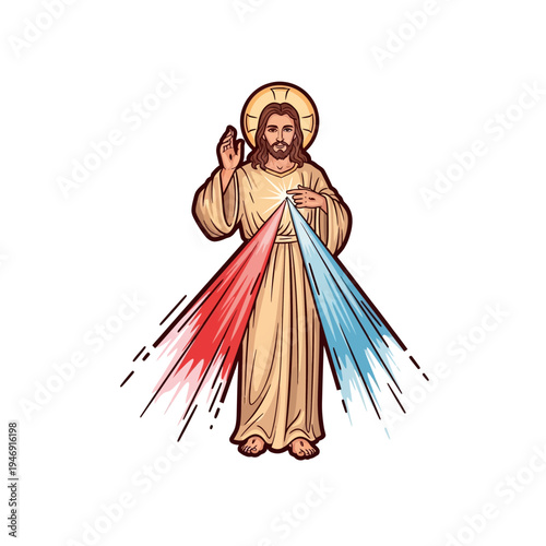 Jesus Christ depicted with rays of divine mercy emanating from his chest.