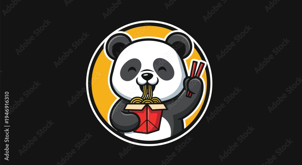 Fototapeta premium Cartoon panda eating noodles design