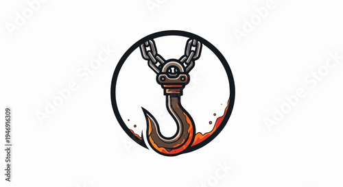 Heavy duty industrial hook with chain, stylized within a circular emblem