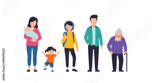 Happy multi-generational family group featuring parents, baby, young child, and grandmother with a cane, standing on an isolated white background.
