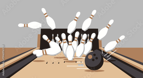 Dynamic bowling ball hitting scattered pins on a polished alley lane, a strike in action.
