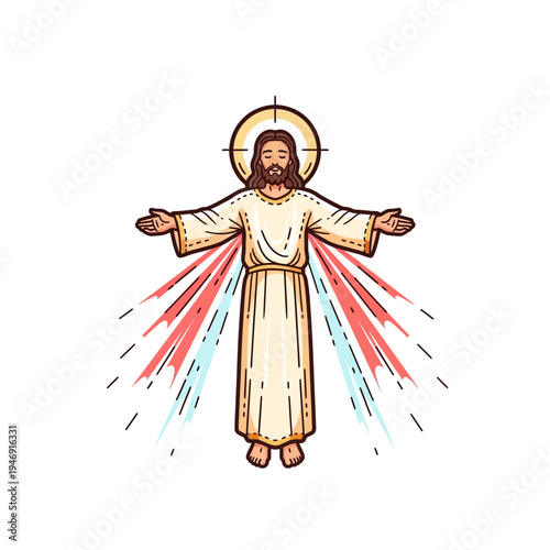 Jesus Christ Divine Mercy illustration with open arms and radiating light, a symbol of faith and spirituality.
