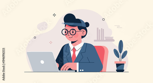 Cheerful person in a suit working on a laptop at a desk