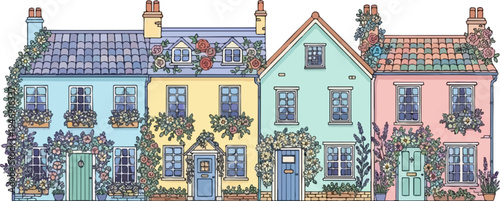 Quaint row of pastel-colored houses adorned with blooming flowers