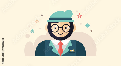 Cheerful bearded man in hat, glasses, and suit with festive embellishments