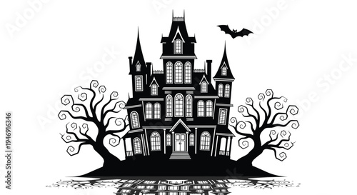 Spooky silhouette of a large haunted house mansion with a flying bat and twisted dead trees for Halloween holiday designs.