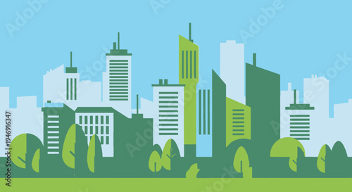Modern cityscape with green park trees and tall buildings under a bright sky, urban landscape.