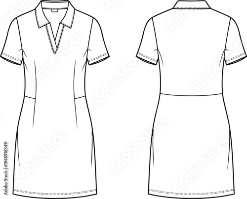 Polo, dress, short, sleeve, front, back, view, fashion, technical, drawing, line, art, illustration, women, clothing, design, casual, template, garment, vector