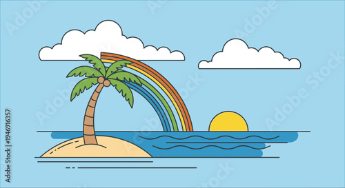 Peaceful Tropical Island Beach with Palm Tree, Ocean, Rainbow, Sunset, and Clouds