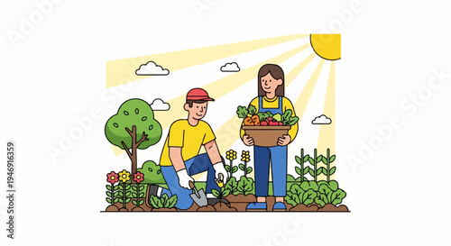 Two people tending a garden with fresh produce under the sun