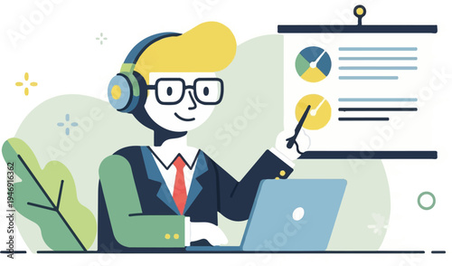 Animated person with headphones and laptop presents charts on a screen
