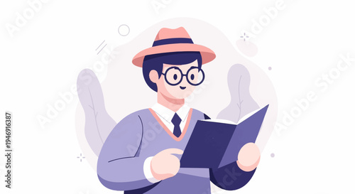 Stylized person wearing a hat and glasses reads a book