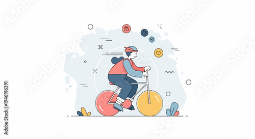 Person in colorful attire rides a bicycle with abstract background elements