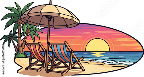 A tropical beach scene at sunset with palm trees, lounge chairs, and an umbrella