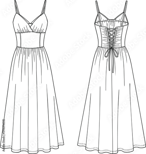 Corset, lace, up, maxi, dress, front, back, view, fashion, technical, drawing, line, art, illustration, women, clothing, design, template, garment, vector