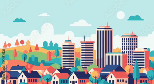 Colorful Flat Illustration of Vibrant Town with Houses and Buildings
