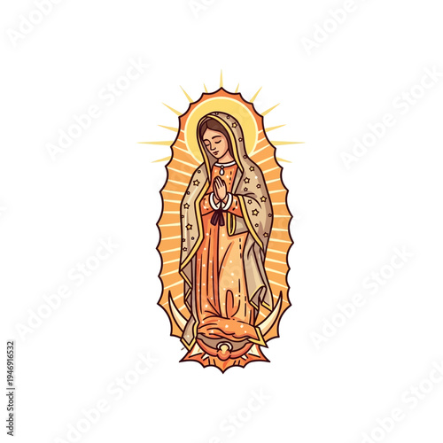 Detailed illustration of Our Lady of Guadalupe with a radiant halo and praying hands.