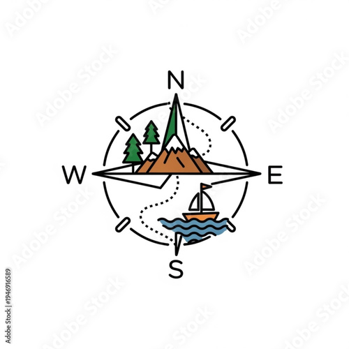 Compass navigation symbol with mountain trees and sailboat