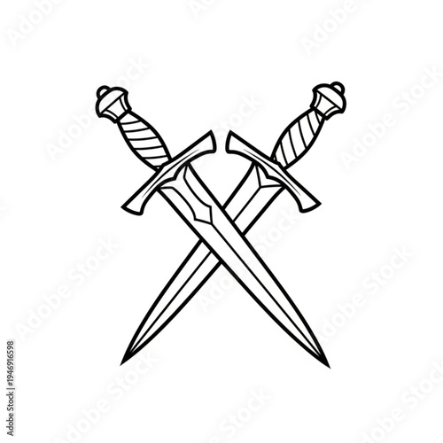 Two crossed swords with handles and blades in a simple line drawing