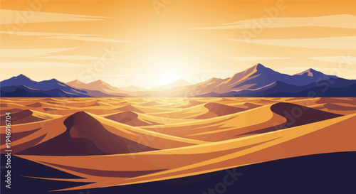 Golden desert dunes stretch towards distant, hazy mountains under a warm, setting sun