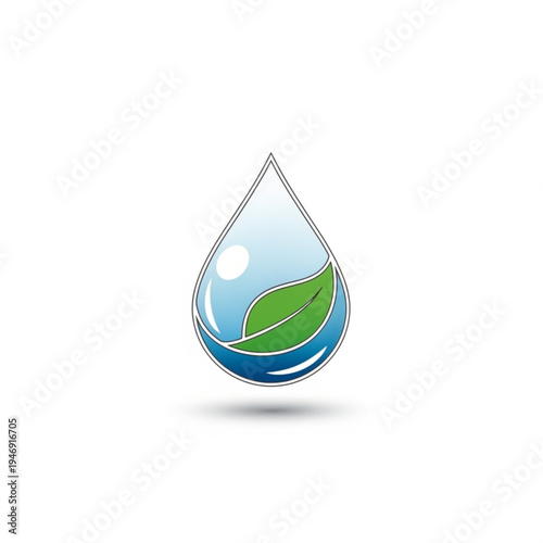 Water droplet with green leaf symbolizing nature