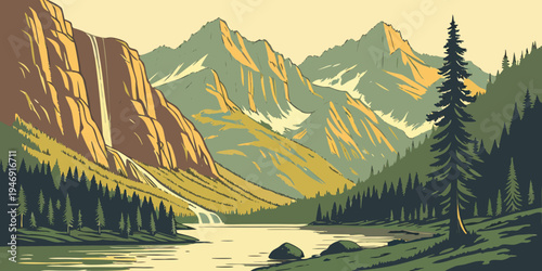 USA, US, U.S, United States - Avalanche Lake Sunrise Panorama – Alpine Reflections, Waterfalls, and Dramatic Mountain Cliffs in the United States