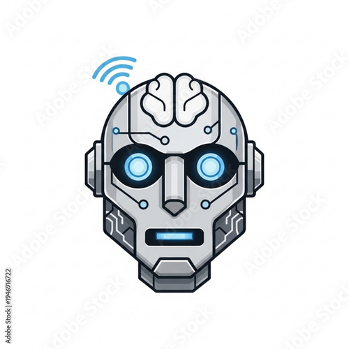 Robot head with glowing blue eyes and brain waves