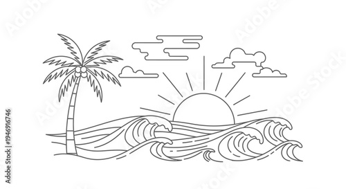 Peaceful Sunrise over Ocean Waves with Palm Tree Silhouette on Coastal Beach