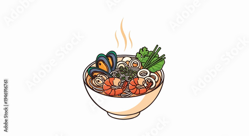 A stylized bowl of steaming seafood noodles with mussels, shrimp, squid, and greens