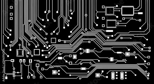 Detailed White Circuit Board Pattern with Electronic Components on Black Background