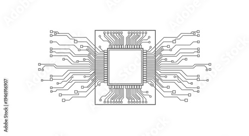 Square microchip or CPU surrounded by circuit board pattern, detailed digital technology concept on an isolated white background.