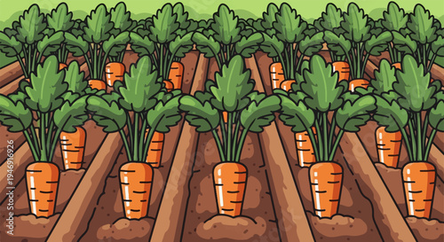 A bountiful harvest of vibrant orange carrots with lush green tops grows in neat rows within rich brown soil under a pale green sky
