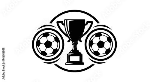 Soccer trophy with two footballs inside a circular emblem, symbolizing victory and sports competition on an isolated white background.