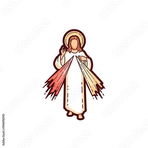 Illustration of Jesus Christ as Divine Mercy, with red and pale rays emanating from his heart, depicted in a simple, outlined style.