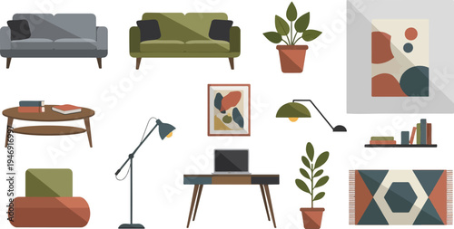 Assortment of home decor items, including furniture, art, and plants