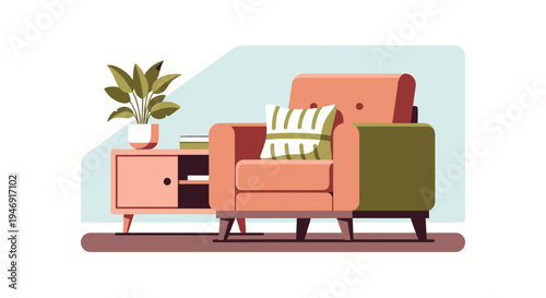 Cozy Modern Living Room Interior Design with an Armchair, Small Cabinet, and Houseplant, Warm and Inviting Home Decor