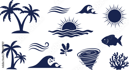Set of blue tropical summer icons featuring palm trees, sun, ocean waves, fish, coral and a tornado