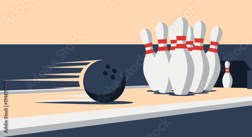 Bowling Ball Striking Pins on a Bowling Lane, Dynamic Sports Illustration, Leisure Activity, Game Play